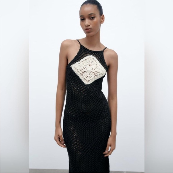 NWT ZARA Crochet Knit Tank Midi Dress Black White Blogger Favorite Small - Picture 2 of 6